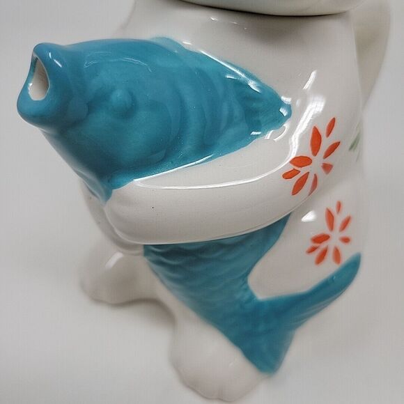 Lucky Cat Mini Teapot w/ Koi Fish Ceramic Kitten Crackle Barrel Exclusive 11oz - Picture 10 of 13